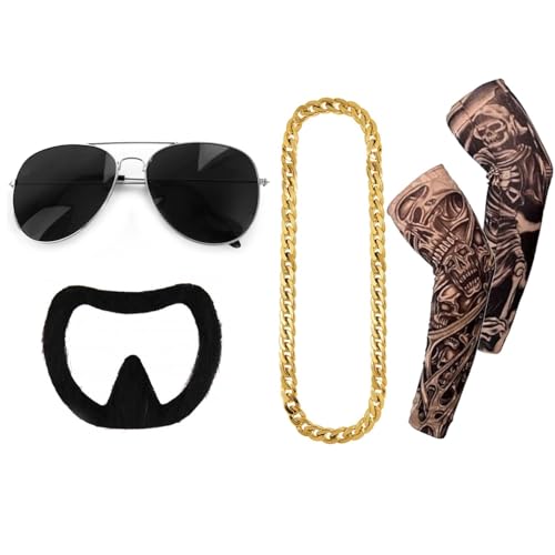 Ibiza Final Boss Kostüm Zubehör Set - Goldkette, Brille, Ziegenbart zum Aufkleben & 2 Ärmel-Tattoos - Lustige Verkleidung für Junggesellenabschied, Halloween & Partys von I LOVE FANCY DRESS