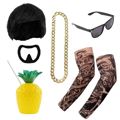 Ibiza Final Boss Kostüm Zubehör Set - Schwarze Schalenschnitt Perücke, Ziegenbart, Goldkette, Fake Tattoo Ärmel, Schatten & Ananas Cup - Faschingskostüm-Kit für Festivals & Partys Trend von I LOVE FANCY DRESS