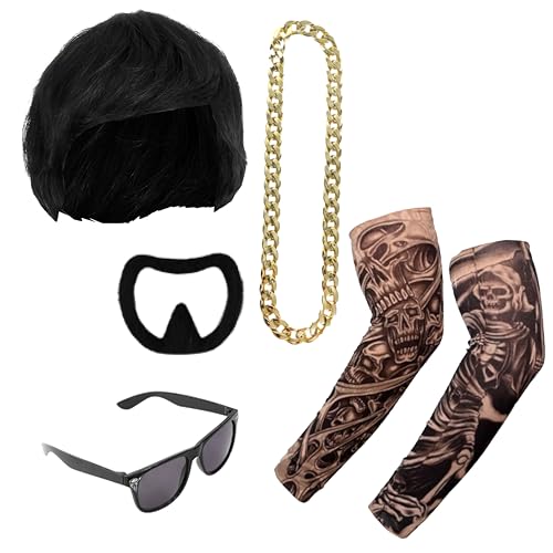 Ibiza Final Boss Kostüm Zubehör Set - Schwarze Schalenschnitt Perücke, Ziegenbart, Goldkette, Fake Tattoo Ärmel & Schattierungen - Lustiges Kostüm Kit für Festivals & Partys Trend - Einheitsgröße von I LOVE FANCY DRESS