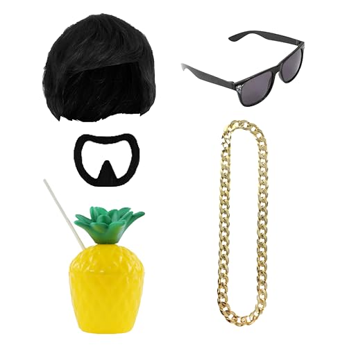Ibiza Final Boss Kostüm Zubehör Set - Schwarze Schalenschnitt Perücke, Ziegenbart, Goldkette, Schattierungen & Ananas Cup - Lustiges Faschingskostüm-Set für Festivals & Partys Trend - Einheitsgröße von I LOVE FANCY DRESS