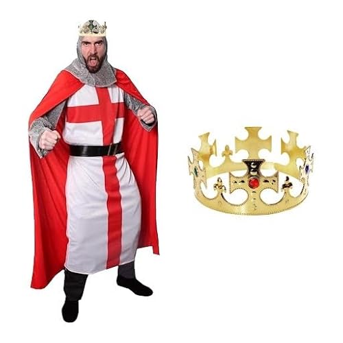 Erwachsenenkostüm König Arthur – St.-Georgskreuz-Tunika + roter Umhang + Kopfbedeckung + Kronen-Football-Outfit, Flagge, Herren, Gruppe, englische Veranstaltung, Größe L von I LOVE FANCY DRESS