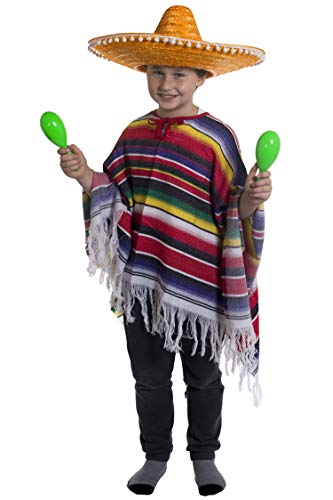 Ilovefancydress Mexikanisches Kinder-Kostüm für Jungen, Poncho + einfarbiger orangefarbener Sombrero mit Bommeln von I LOVE FANCY DRESS