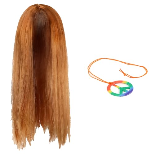 Ingwerperücke und buntes Regenbogen-Peace-Zeichen-Halsketten-Kostüm-Set, perfekt für Kostümpartys, Hippie-Events, Festivals, 60er- und 70er-Jahre-Mottofeiern von I LOVE FANCY DRESS
