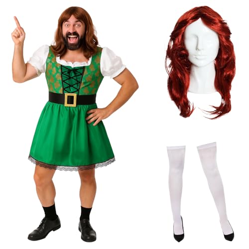 Irisches Herrenkostüm – groß – grünes Kleid mit goldenem Kleeblatt-Druck, lange rote Perücke, weiße Strümpfe – Erwachsene lustige Dame Kobold, Junggesellenabschied, Junggesellenabschied, St. Patrick's Irisches Herrenkostüm – groß – grünes Kleid mit goldenem Kleeblatt-Druck, lange rote Perücke, weiße Strümpfe – Erwachsene lustige Dame Kobold, Junggesellenabschied, Junggesellenabschied, St. Patrick's von I LOVE FANCY DRESS