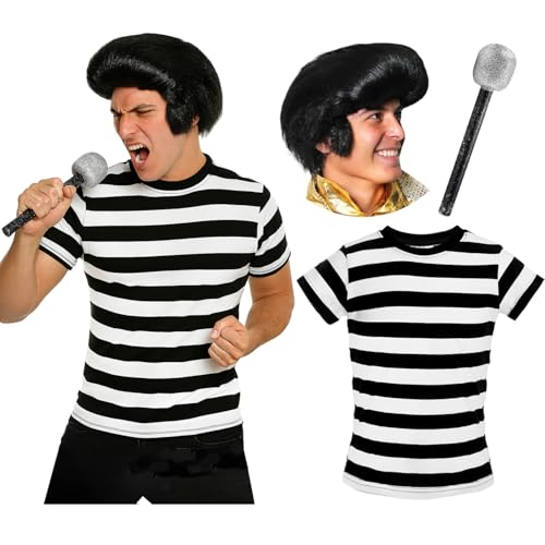 Jailhouse King of Rock Kostüm für Erwachsene, Größe S, schwarz-weiß gestreiftes T-Shirt, 50er-Jahre-Perücke, Mikrofon, für Herren und Damen, Rock-n-Roll-Musik-Ikonenkostüm von I LOVE FANCY DRESS