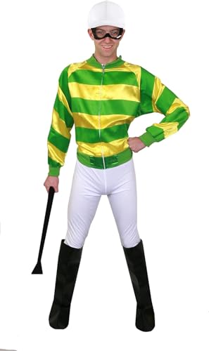 Jockey-Kostüm für Erwachsene, Grün und Gelb, Größe M, inklusive Jacke, weißer Hose, Stiefelüberzug, Brille und Mütze, Pferderenn-Kostüm, Grand National Outfit Jockey-Kostüm für Erwachsene, Grün und Gelb, Größe M, inklusive Jacke, weißer Hose, Stiefelüberzug, Brille und Mütze, Pferderenn-Kostüm, Grand National Outfit von I LOVE FANCY DRESS