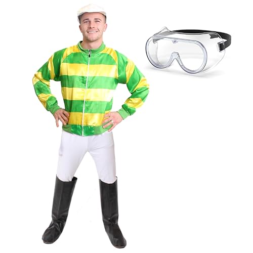 Jockey-Kostüm für Erwachsene, Grün und Gelb, mit Brille, Jockeyjacke, weiße Hose, Jockey-Hut und Brille, perfekt für Sport und Fasching Jockey-Kostüm für Erwachsene, Grün und Gelb, mit Brille, Jockeyjacke, weiße Hose, Jockey-Hut und Brille, perfekt für Sport und Fasching von I LOVE FANCY DRESS