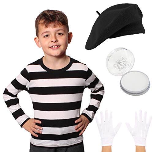 KINDER FRANZÖSISCHEN MIME-KOSTÜM VERKLEIDUNG SCHWARZ GESTREIFTES T-SHIRT +SCHWARZEM BARETT+WEISSEN HANDSCHUHEN+SCHMINKE-LARGE KINDER FRANZÖSISCHEN MIME-KOSTÜM VERKLEIDUNG SCHWARZ GESTREIFTES T-SHIRT +SCHWARZEM BARETT+WEISSEN HANDSCHUHEN+SCHMINKE-LARGE von I LOVE FANCY DRESS