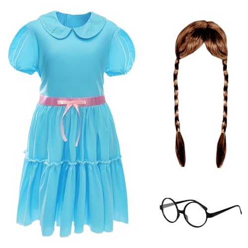 Kinder Geeky Schulmädchen Kostüm Braune Zopf Perücke Geek Kreisbrille Blau Kleid Retro Nerd Verkleidung Outfit für Halloween Cosplay 90er Jahre Cartoon Motto Party von I LOVE FANCY DRESS