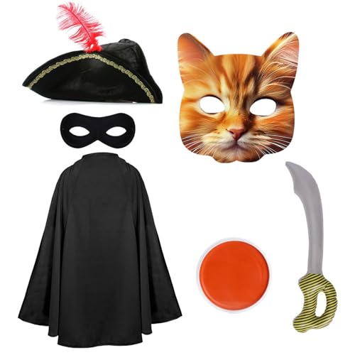 Kinder Katze Bandit Kostüm – Schwarzer Umhang, Dreihornhut, Katzenmaske, Augenmaske, aufblasbares Schwert, orangefarbene Gesichtsfarbe – Kinder Jungen Mädchen TV-Film-Kostüm von I LOVE FANCY DRESS