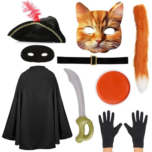 Kinder-Katzen-Banditen-Kostüm – schwarzer Umhang, Dreihornhut, Katzenmaske, Augenmaske, aufblasbares Schwert, Katzenschwanz, schwarze Handschuhe, Gürtel, orangefarbene und weiße Gesichtsfarbe von I LOVE FANCY DRESS