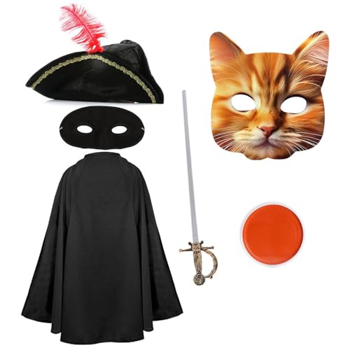 Kinder-Katzen-Banditen-Kostüm – schwarzer Umhang, Dreihornhut, orangefarbene Katzenmaske, Augenmaske, künstliches Schwert, orangefarbene Gesichtsfarbe – Kinderkostüm für Jungen und Mädchen von I LOVE FANCY DRESS