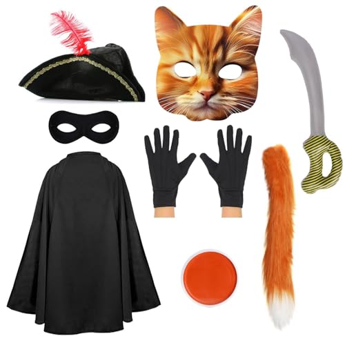 Kinder-Katzen-Banditenkostüm – schwarzer Umhang, Dreihornhut, Katzenmaske, Augenmaske, aufblasbares Schwert, Katzenschwanz, schwarze Handschuhe, orangefarbene Gesichtsfarbe – Kinderkostüm für Jungen von I LOVE FANCY DRESS