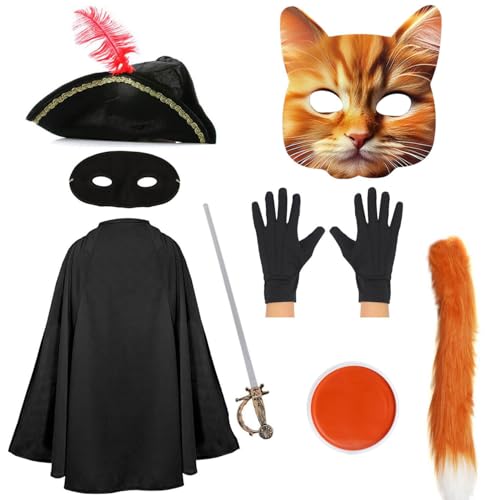 Kinder-Katzen-Banditenkostüm – schwarzer Umhang, Dreihornhut, Katzenmaske, Augenmaske, gefälschtes Schwert, Katzenschwanz, schwarze Handschuhe, orangefarbene Gesichtsfarbe – Kinder Jungen Mädchen Kinder-Katzen-Banditenkostüm – schwarzer Umhang, Dreihornhut, Katzenmaske, Augenmaske, gefälschtes Schwert, Katzenschwanz, schwarze Handschuhe, orangefarbene Gesichtsfarbe – Kinder Jungen Mädchen von I LOVE FANCY DRESS