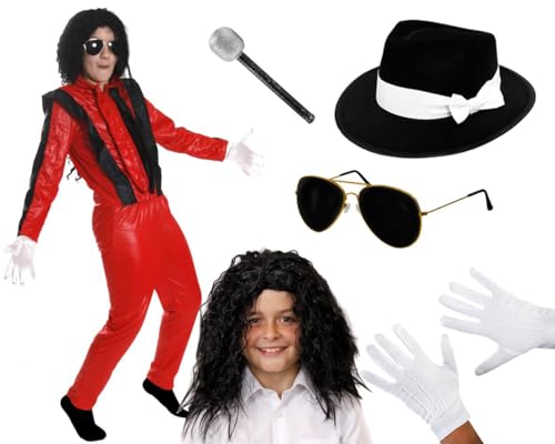 Kinder King of Pop Kostüm – Klein – Rot & Schwarz Jacke & Hose, Relaxed Afro-Perücke, schwarzer Fedora-Hut, Sonnenbrille, Handschuhe, Mikrofon – Jungen Mädchen 80er Jahre Musikik-Ikone Halloween Kinder King of Pop Kostüm – Klein – Rot & Schwarz Jacke & Hose, Relaxed Afro-Perücke, schwarzer Fedora-Hut, Sonnenbrille, Handschuhe, Mikrofon – Jungen Mädchen 80er Jahre Musikik-Ikone Halloween von I LOVE FANCY DRESS