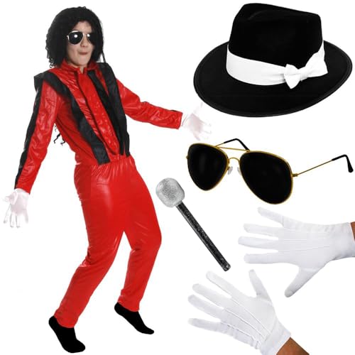 Kinder King of Pop Kostüm – Klein – Rot & Schwarz Jacke & Hose, Schwarzer Fedora-Hut, Sonnenbrille, Handschuhe, Mikrofon – Jungen Mädchen 80er Jahre Musik Ikone Halloween Faschingskostüm Kinder King of Pop Kostüm – Klein – Rot & Schwarz Jacke & Hose, Schwarzer Fedora-Hut, Sonnenbrille, Handschuhe, Mikrofon – Jungen Mädchen 80er Jahre Musik Ikone Halloween Faschingskostüm von I LOVE FANCY DRESS