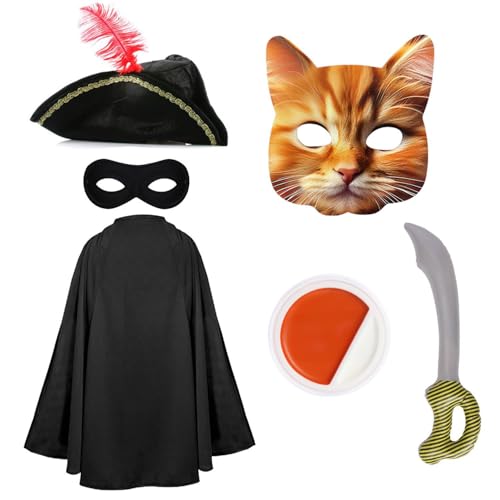 Kinder-Kostüm für Katzen, Banditen-Kostüm, schwarzer Umhang, Dreihornhut, Katzenmaske, Augenmaske, aufblasbares Schwert, orangefarbene und weiße Gesichtsfarbe, Kinderkostüm für Jungen und Mädchen von I LOVE FANCY DRESS