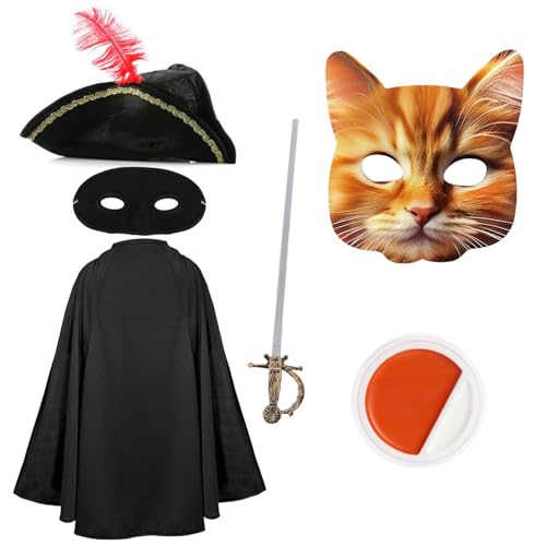 Kinder-Kostüm für Katzen, Banditen-Kostüm, schwarzer Umhang, Dreihornhut, Katzenmaske, Augenmaske, künstliches Schwert, orangefarbene und weiße Gesichtsfarbe, Kinderkostüm für Jungen und Mädchen Kinder-Kostüm für Katzen, Banditen-Kostüm, schwarzer Umhang, Dreihornhut, Katzenmaske, Augenmaske, künstliches Schwert, orangefarbene und weiße Gesichtsfarbe, Kinderkostüm für Jungen und Mädchen von I LOVE FANCY DRESS