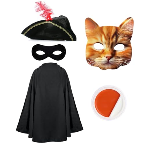 Kinder-Kostüm für Katzen, Banditen-Kostüm, schwarzer Umhang, Dreihornhut, orangefarbene Katzenmaske, schwarze Augenmaske, orangefarbene und weiße Gesichtsfarbe, Kinderkostüm für Jungen und Mädchen von I LOVE FANCY DRESS