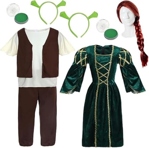 Kinder Oger & Prinzessin Fiona Pärchen Kostüm Set - Jungen Grüner Oger Outfit & Mädchen Grünes Prinzessin Kleid & Oger Stirnband - Lustiges Kostüm für Halloween, Welttag & Partys von I LOVE FANCY DRESS