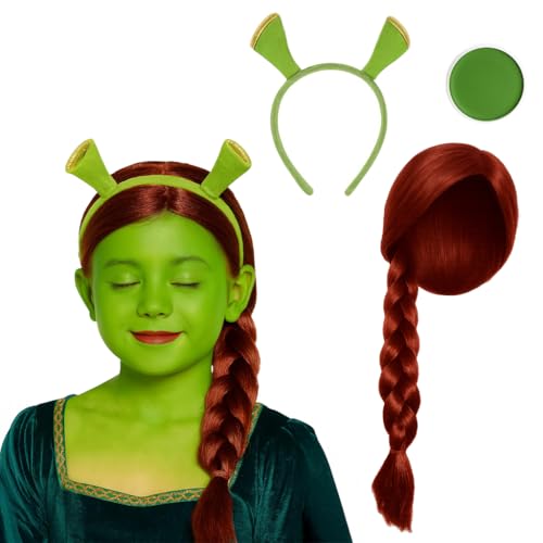 Kinder Prinzessin Oger Mädchen Zubehör Set - Kostümset mit roter Zopfperücke, grüner Gesichtsfarbe und Oger-Stirnband - perfekt für Halloween, Fasching und Mottopartys Kinder Prinzessin Oger Mädchen Zubehör Set - Kostümset mit roter Zopfperücke, grüner Gesichtsfarbe und Oger-Stirnband - perfekt für Halloween, Fasching und Mottopartys von I LOVE FANCY DRESS