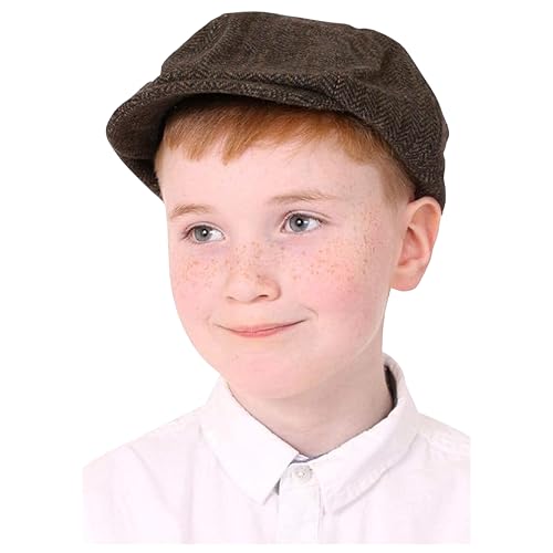 Kinder Schiebermütze Zubehör – 3 Stück – Brauner Newsboy Hut mit Fischgrätenmuster – Jungen Mädchen Kinder viktorianische Schule Spielen Welttag Kostüm Zubehör von I LOVE FANCY DRESS