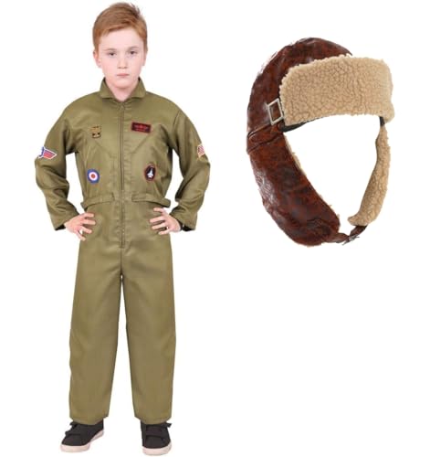 Kinder VE Day Army Pilot Kostüm – Klein – Grüner Overall mit angenähten Patches, brauner Fliegerhut in Lederoptik – Jungen Mädchen Militär Historisches Kostüm Kinder VE Day Army Pilot Kostüm – Klein – Grüner Overall mit angenähten Patches, brauner Fliegerhut in Lederoptik – Jungen Mädchen Militär Historisches Kostüm von I LOVE FANCY DRESS