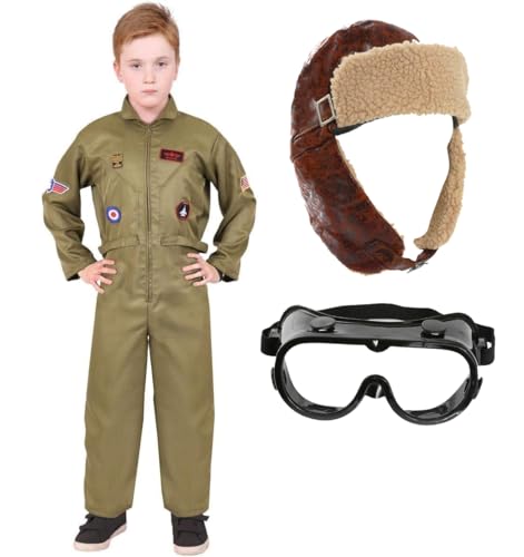 Kinder VE Day Army Pilot Kostüm – Medium – grüner Overall mit angenähten Patches, brauner Fliegerhut, klare Brille – Jungen Mädchen Militär- und historisches Kostüm Kinder VE Day Army Pilot Kostüm – Medium – grüner Overall mit angenähten Patches, brauner Fliegerhut, klare Brille – Jungen Mädchen Militär- und historisches Kostüm von I LOVE FANCY DRESS