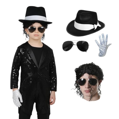 Kinderkostüm King Of Pop Musiker Kostüm Set - Schwarzer Pailletten Frack, Schwarz & Weiß Hut, Lockige Schwarze Perücke, Fliegerbrille, Silberhandschuh - Halloween, Tanz, Fasching, Pop Icon - Klein Kinderkostüm King Of Pop Musiker Kostüm Set - Schwarzer Pailletten Frack, Schwarz & Weiß Hut, Lockige Schwarze Perücke, Fliegerbrille, Silberhandschuh - Halloween, Tanz, Fasching, Pop Icon - Klein von I LOVE FANCY DRESS