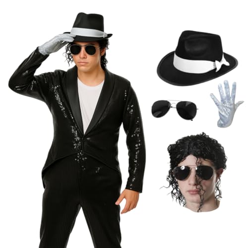 King Of Pop Musiker Kostüm Set - Schwarz Glänzend Pailletten Frack Schwarz & Weiß Hut Lockige Jacko Perücke Fliegerbrille Pailletten Handschuh Halloween Fasching Tanzaufführung Pop Icon - Klein King Of Pop Musiker Kostüm Set - Schwarz Glänzend Pailletten Frack Schwarz & Weiß Hut Lockige Jacko Perücke Fliegerbrille Pailletten Handschuh Halloween Fasching Tanzaufführung Pop Icon - Klein von I LOVE FANCY DRESS