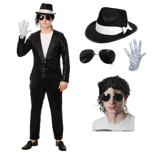 King Of Pop Musiker Kostüm Set - Schwarz Glänzend Pailletten Frack Schwarz & Weiß Hut Lockige Jacko Perücke Fliegerbrille Pailletten Handschuh Halloween Fasching Tanzaufführung Pop Icon XS King Of Pop Musiker Kostüm Set - Schwarz Glänzend Pailletten Frack Schwarz & Weiß Hut Lockige Jacko Perücke Fliegerbrille Pailletten Handschuh Halloween Fasching Tanzaufführung Pop Icon XS von I LOVE FANCY DRESS