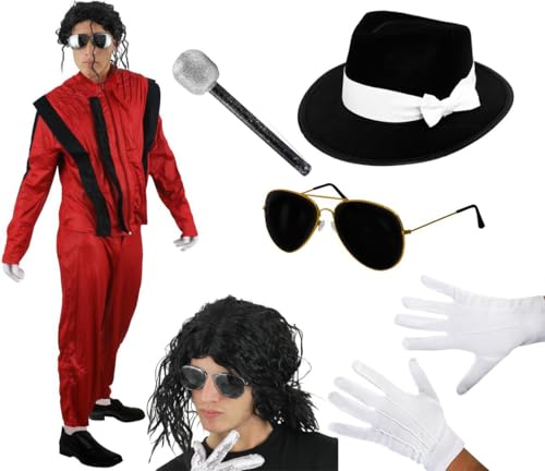 King of Pop Kostüm für Erwachsene, Größe XL, rote und schwarze Jacke und Hose, entspannte Afro-Perücke, schwarzer Fedora-Hut, Sonnenbrille, Handschuhe, Mikrofon, 80er-Jahre-Musikik-Ikone King of Pop Kostüm für Erwachsene, Größe XL, rote und schwarze Jacke und Hose, entspannte Afro-Perücke, schwarzer Fedora-Hut, Sonnenbrille, Handschuhe, Mikrofon, 80er-Jahre-Musikik-Ikone von I LOVE FANCY DRESS