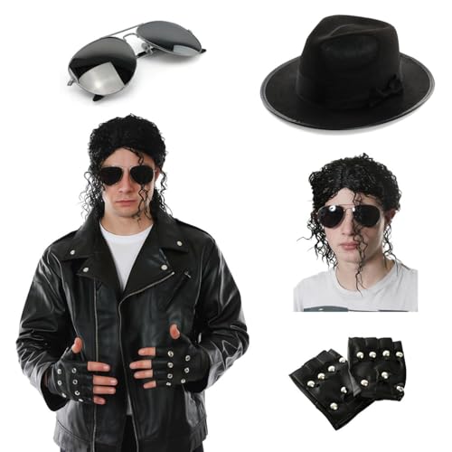 King of Pop Lederoptik Jacke Kostüm mit Brille, Perücke, Hut & Nieten Handschuhe - 80er Jahre Ikone Verkleidung für Erwachsene - Halloween Outfit Cosplay Bad Tribute Act Kostüm - Small King of Pop Lederoptik Jacke Kostüm mit Brille, Perücke, Hut & Nieten Handschuhe - 80er Jahre Ikone Verkleidung für Erwachsene - Halloween Outfit Cosplay Bad Tribute Act Kostüm - Small von I LOVE FANCY DRESS