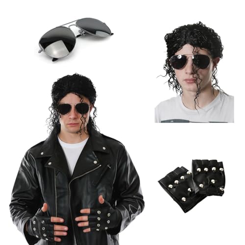 King of Pop Lederoptik Jacke Kostüm mit Brille, Perücke & Nieten Handschuhe - 80er Jahre Ikone Verkleidung für Erwachsene - Halloween Outfit Cosplay Bad Tribute Act Kostüm - Klein von I LOVE FANCY DRESS