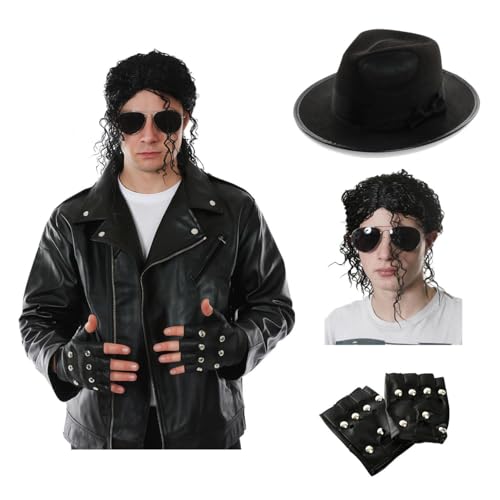 King of Pop Lederoptik Jacke Kostüm mit schwarzer Perücke, Hut & Nieten Handschuhe - 80er Jahre Ikone Verkleidung für Erwachsene - Halloween Outfit Cosplay Bad Tribute Act Kostüm - Klein King of Pop Lederoptik Jacke Kostüm mit schwarzer Perücke, Hut & Nieten Handschuhe - 80er Jahre Ikone Verkleidung für Erwachsene - Halloween Outfit Cosplay Bad Tribute Act Kostüm - Klein von I LOVE FANCY DRESS