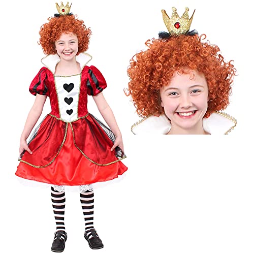 Königin der Herzen Kostüm Kinder – Groß – Mädchen Rot & Weiß Kleid mit goldenen Details, Krone auf Stirnband, lockige Ingwerperücke – Mädchen Welttag Kostüm von I LOVE FANCY DRESS