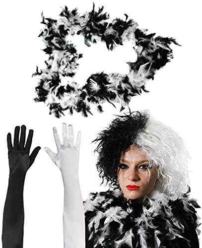 Kostüm-Set für böse Hundefrauen, schwarz-weiße Perücke + 1 x schwarzer Handschuh + 1 x weißer Handschuh + schwarz-weiße Federboa, böse Filmfiguren. Kostüm-Set für böse Hundefrauen, schwarz-weiße Perücke + 1 x schwarzer Handschuh + 1 x weißer Handschuh + schwarz-weiße Federboa, böse Filmfiguren. von I LOVE FANCY DRESS