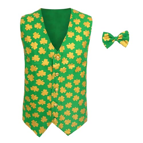 Kostüm St. Patricks Day – Grüne irische Taille mit gelbem Kleeblatt-Druck + passende Fliege – Rugby/Fußball-Fans. Größe: M von I LOVE FANCY DRESS