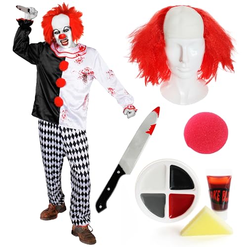 Kostüm für Erwachsene, Killer-Clown-Kostüm, Größe XXL, blutbeflecktes schwarz-weißes Oberteil, karierte Hose, kahle Kappe mit roter Perücke, roter Nase, künstliches Kunststoffmesser, Gesichtsfarbe – Kostüm für Erwachsene, Killer-Clown-Kostüm, Größe XXL, blutbeflecktes schwarz-weißes Oberteil, karierte Hose, kahle Kappe mit roter Perücke, roter Nase, künstliches Kunststoffmesser, Gesichtsfarbe – von I LOVE FANCY DRESS