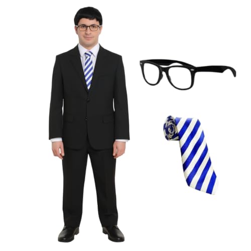 Kostüm für Erwachsene – Geek-Brille, schwarzer Anzug & gestreifte Krawatte Set – Inbetween Movie Series – Herren Lustiges Kostüm für Halloween, Junggesellenabschiede & Partys – XL von I LOVE FANCY DRESS