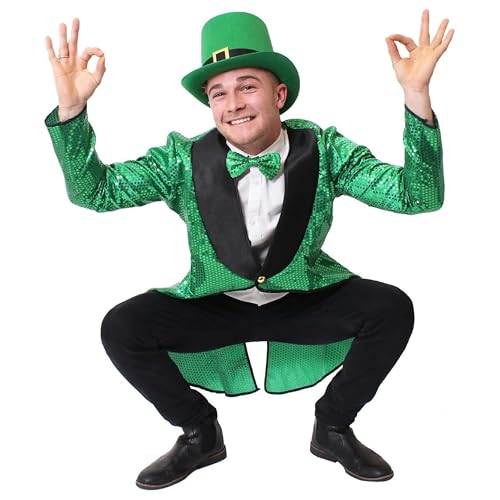 Kostüm für Erwachsene aus Leprechaun, St. Patricks Day, grünes Pailletten-Failcoat, grüner Zylinder und grüne Fliege (X-Large) von I LOVE FANCY DRESS
