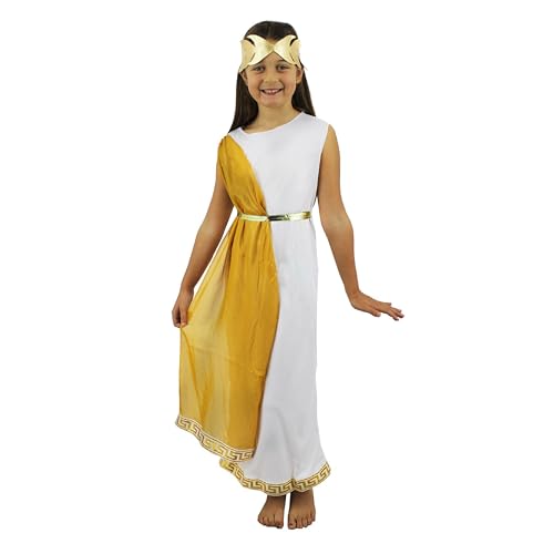 Kostüm für Kinder mit römischen Griechischen Göttin, römisches Griechisches Mädchen Einfache weiße Tunika mit goldener Schärpe, griechisch Rand, goldener Bund und goldenem Kopfstück (Gross) von I LOVE FANCY DRESS
