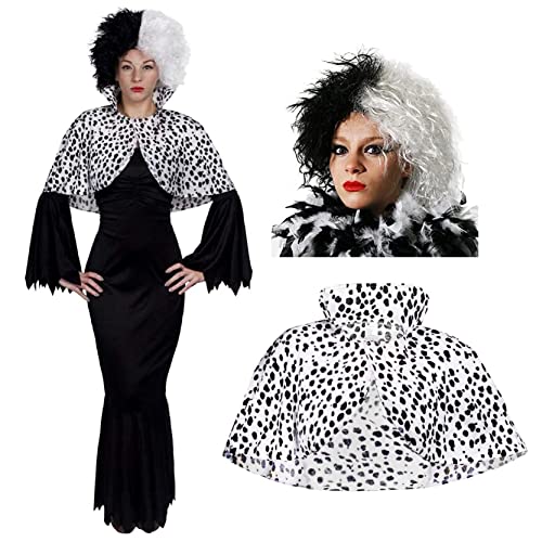 Kostüm für gemeine Hundefrau – langes, schwarzes Kleid, Perücke schwarz / weiß + Umhang, in Größen XS – XXXL perfekt für Halloween Kostüm für gemeine Hundefrau – langes, schwarzes Kleid, Perücke schwarz / weiß + Umhang, in Größen XS – XXXL perfekt für Halloween von I LOVE FANCY DRESS
