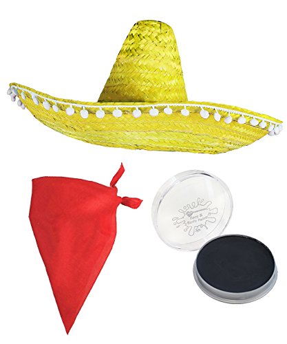 I LOVE FANCY DRESS Mexikanisches Kostüm-Zubehör: Mexikanisches Kostüm, Einheitsgröße, Enthält: Gelber Sombrero mit Pompon-Rand, rotes Bandana, schwarze Gesichtsfarbe von I LOVE FANCY DRESS