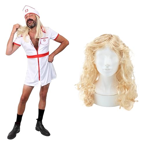 Krankenschwester-Kostüm für Herren, Größe M, Weiß und Rot, Krankenschwesterkleid, Stillmütze, lange blonde Perücke, Erwachsene, Junggesellenabschied, Junggesellenabschied, Halloween, lustiges Kostüm Krankenschwester-Kostüm für Herren, Größe M, Weiß und Rot, Krankenschwesterkleid, Stillmütze, lange blonde Perücke, Erwachsene, Junggesellenabschied, Junggesellenabschied, Halloween, lustiges Kostüm von I LOVE FANCY DRESS