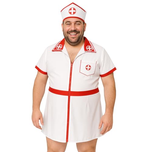 Krankenschwester-Kostüm für Herren, Größe XL, weißes Krankenschwester-Kleid mit roten Details und passendem Stillhut, Erwachsenenkostüm für Junggesellenabschied, Junggesellenabschied, Halloween Krankenschwester-Kostüm für Herren, Größe XL, weißes Krankenschwester-Kleid mit roten Details und passendem Stillhut, Erwachsenenkostüm für Junggesellenabschied, Junggesellenabschied, Halloween von I LOVE FANCY DRESS