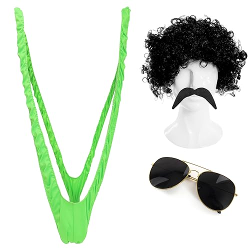 Lustiges Journalistenkostüm für Herren – Limettengrüne Mankini, gelockte schwarze Perücke, schwarzer Schnurrbart und Sonnenbrille – Erwachsenen-Badeanzug für Junggesellenabschied, Junggesellenabschied Lustiges Journalistenkostüm für Herren – Limettengrüne Mankini, gelockte schwarze Perücke, schwarzer Schnurrbart und Sonnenbrille – Erwachsenen-Badeanzug für Junggesellenabschied, Junggesellenabschied von I LOVE FANCY DRESS