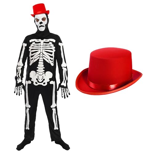 Lustiges Skelett-Kostüm für Erwachsene, schwarzer Skelett-Overall, roter Satin-Zylinderhut – für Herren und Damen, Cartoon-Halloween, Trick or Treat Weltbuchtag Kostüm von I LOVE FANCY DRESS