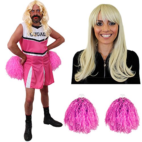 MÄNNER JUNGESELLENABSCHIED ROSA CHEERLEADER KOSTÜM+PERÜCKE=LUSTIGE HERREN VERKLEIDUNG=FASCHING+KARNEVAL +SPORTVERANSTALLTUNGEN AMERIKANISCHEN ART=MIT+OHNE PUSCHEL -XXLARGE- MIT POMPOM von I LOVE FANCY DRESS