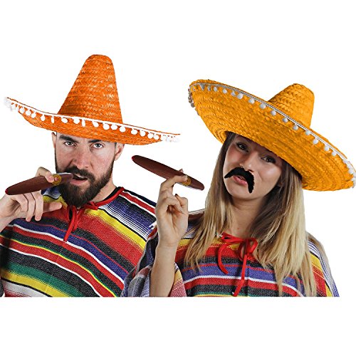 MEXIKANER PAAR KOSTÜM VERKLEIDUNG = 2 PONCHOS + 2 ORANGE SOMBREROS MIT KLEINEN WEIßEN POMPOMS +2 DICKE PLASTIK ZIGARREN+ 2 MEXIKANISCHE SELBSTKLEBENDE SCHNURRBÄRTE=FASCHING KARNEVAL HALLOWEEN MEXIKANER PAAR KOSTÜM VERKLEIDUNG = 2 PONCHOS + 2 ORANGE SOMBREROS MIT KLEINEN WEIßEN POMPOMS +2 DICKE PLASTIK ZIGARREN+ 2 MEXIKANISCHE SELBSTKLEBENDE SCHNURRBÄRTE=FASCHING KARNEVAL HALLOWEEN von I LOVE FANCY DRESS